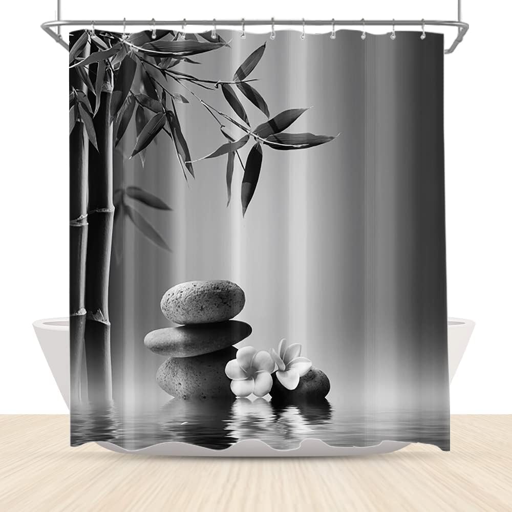 Japanese Bamboo Zen Stones Shower Curtain with Asian-Inspired Bathroom Design
