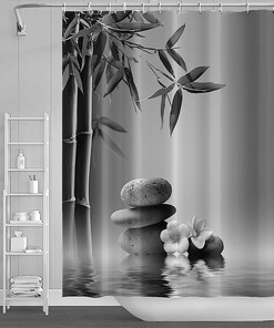 Japanese Bamboo Zen Stones Shower Curtain with Asian-Inspired Bathroom Design