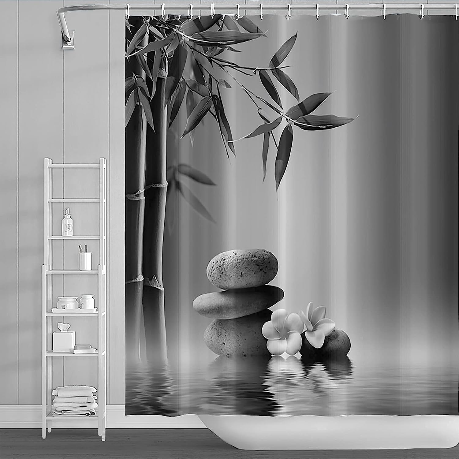 Japanese Bamboo Zen Stones Shower Curtain with Asian-Inspired Bathroom Design
