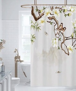 Japanese Birds Resting On Branch Prints Shower Curtain, Beautiful Birds Print For Your Bathroom