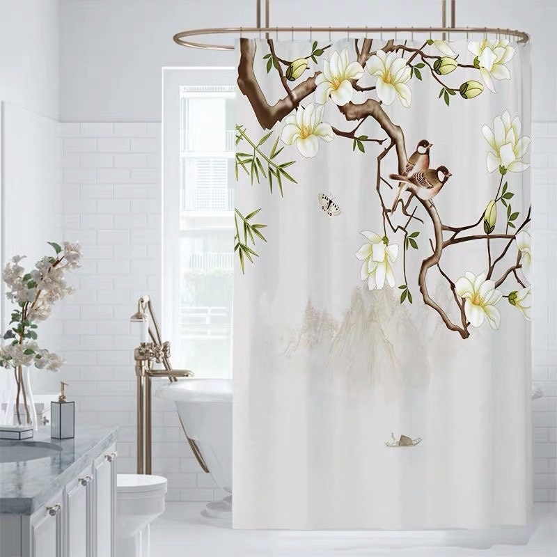 Japanese Birds Resting On Branch Prints Shower Curtain, Beautiful Birds Print For Your Bathroom