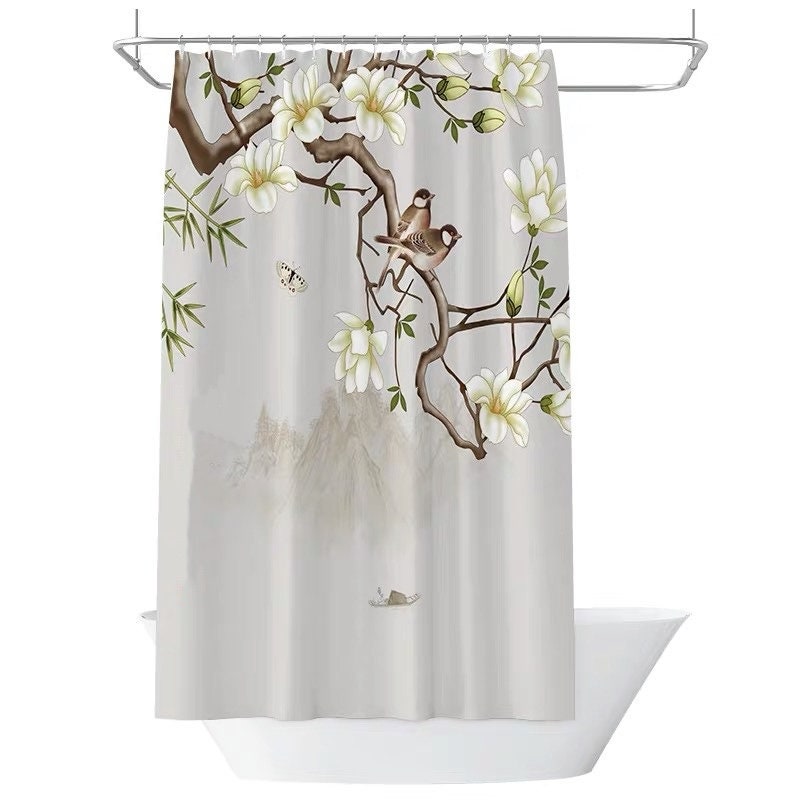 Japanese Birds Resting On Branch Prints Shower Curtain, Beautiful Birds Print For Your Bathroom - Image 2
