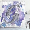Japanese Carps Sketch Art on Purple Background Shower Curtain, Cloth Fabric Bathroom Decor in Hand Drawn Shapes