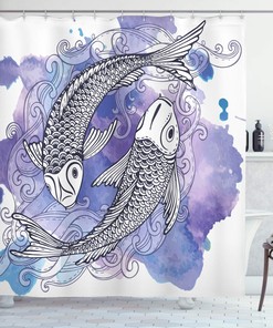 Japanese Carps Sketch Art on Purple Background Shower Curtain, Cloth Fabric Bathroom Decor in Hand Drawn Shapes