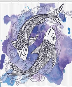 Japanese Carps Sketch Art on Purple Background Shower Curtain, Cloth Fabric Bathroom Decor in Hand Drawn Shapes