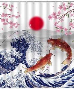 Japanese Cherry Blossom And Koi Fish Vintage Shower Curtain With Great Wave Design