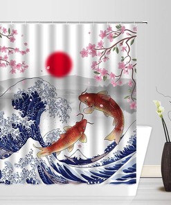 Japanese Cherry Blossom And Koi Fish Vintage Shower Curtain With Great Wave Design