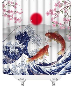 Japanese Cherry Blossom And Koi Fish Vintage Shower Curtain With Great Wave Design
