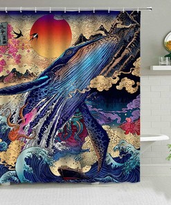 Japanese Classic Underwater World Shower Curtain With Giant Whale, Cute Bathroom Decor Accessory