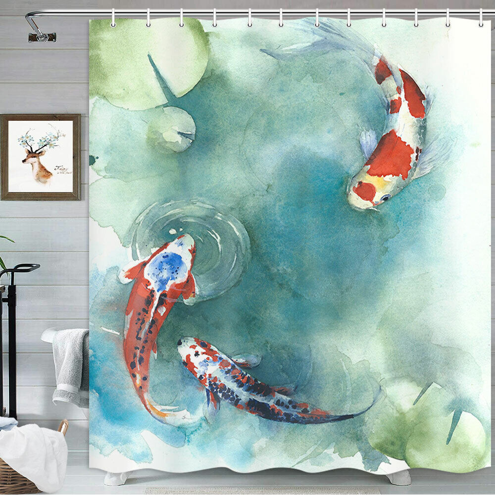 Japanese Colorful Koi Fish Shower Curtain Fabric for Bathroom Decor