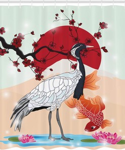 Japanese Crane and Sea Animals with Sakura Shower Curtain, Cloth Fabric Bathroom Decor in Branch Artwork 