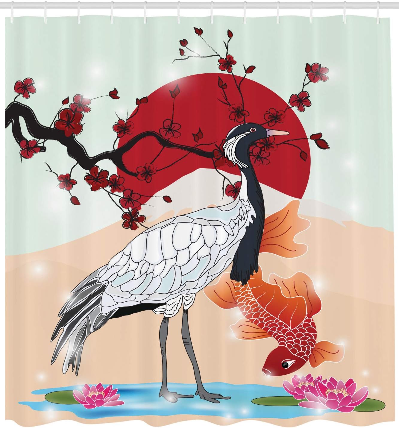 Japanese Crane and Sea Animals with Sakura Shower Curtain, Cloth Fabric Bathroom Decor in Branch Artwork