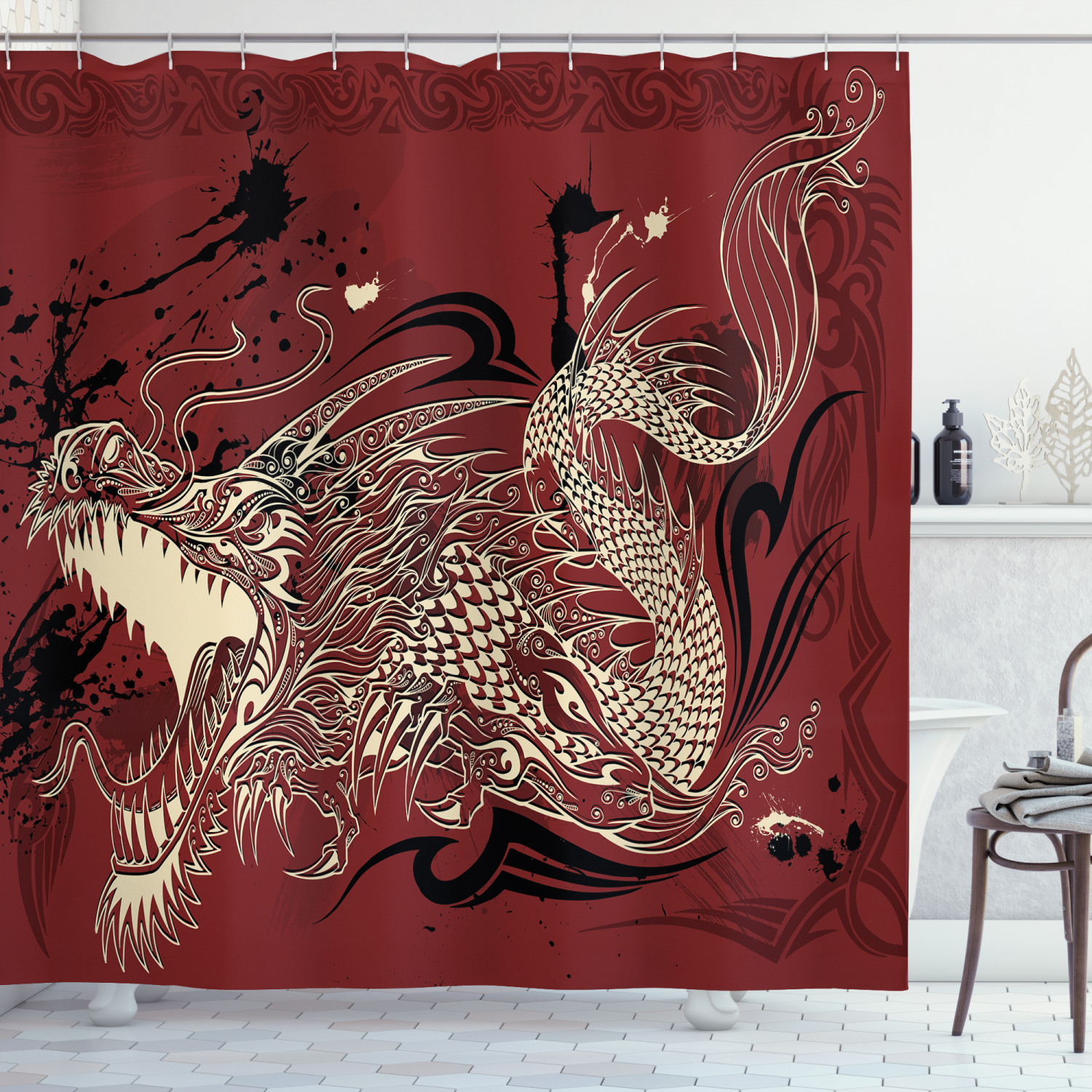 Japanese Dragon Sketch Print Eastern Shower Curtain For Bathroom With Luxury Shower Curtains