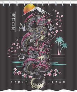 Japanese Dragon with Cherry Blossom Print Shower Curtain for Home Decor
