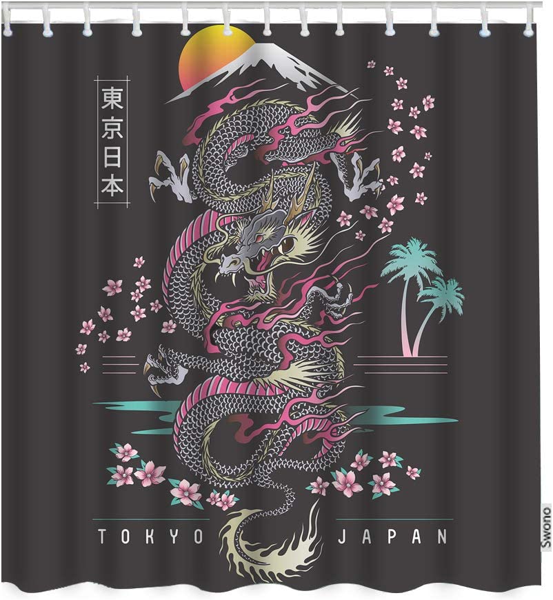 Japanese Dragon with Cherry Blossom Print Shower Curtain for Home Decor