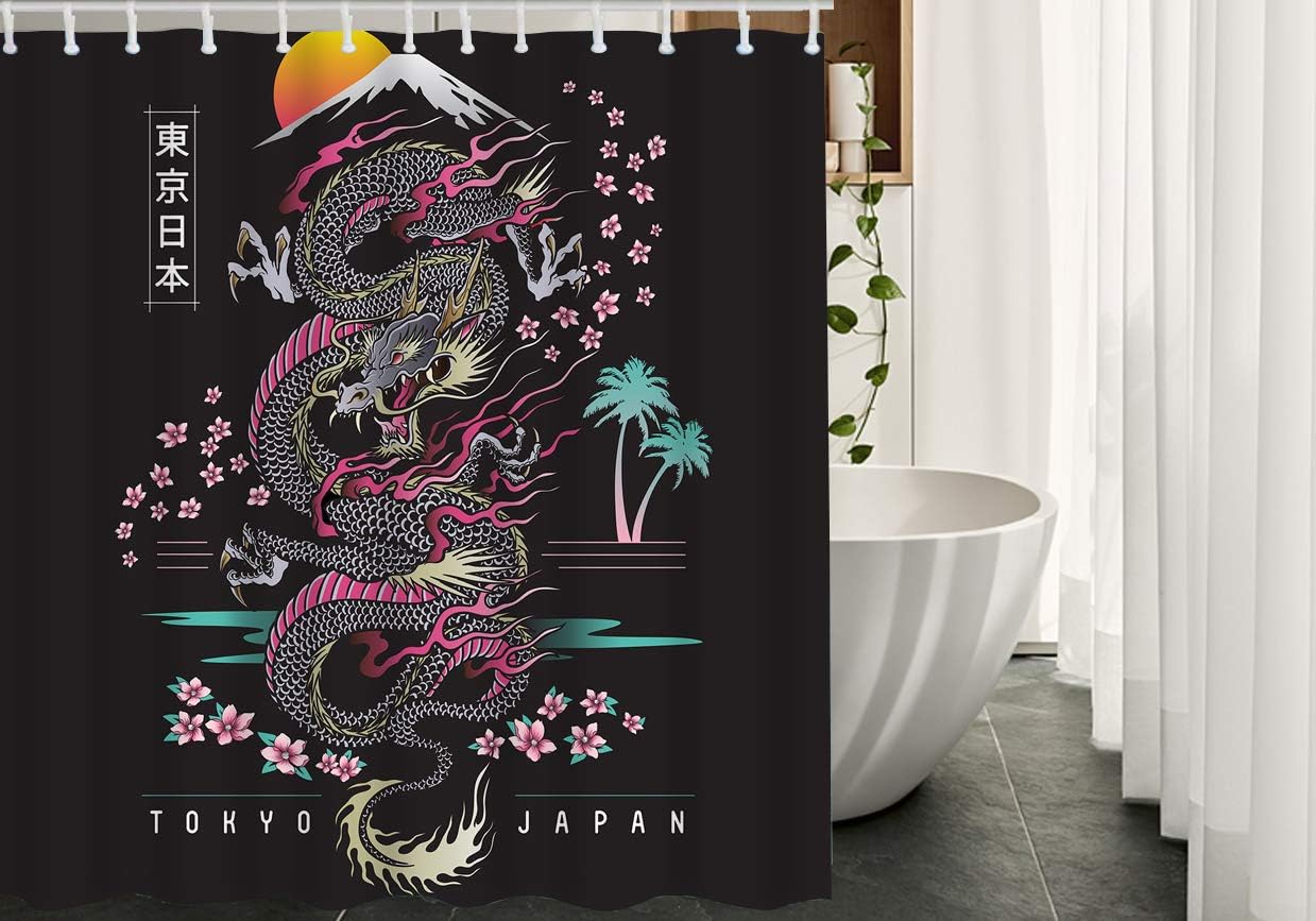 Japanese Dragon with Cherry Blossom Print Shower Curtain for Home Decor