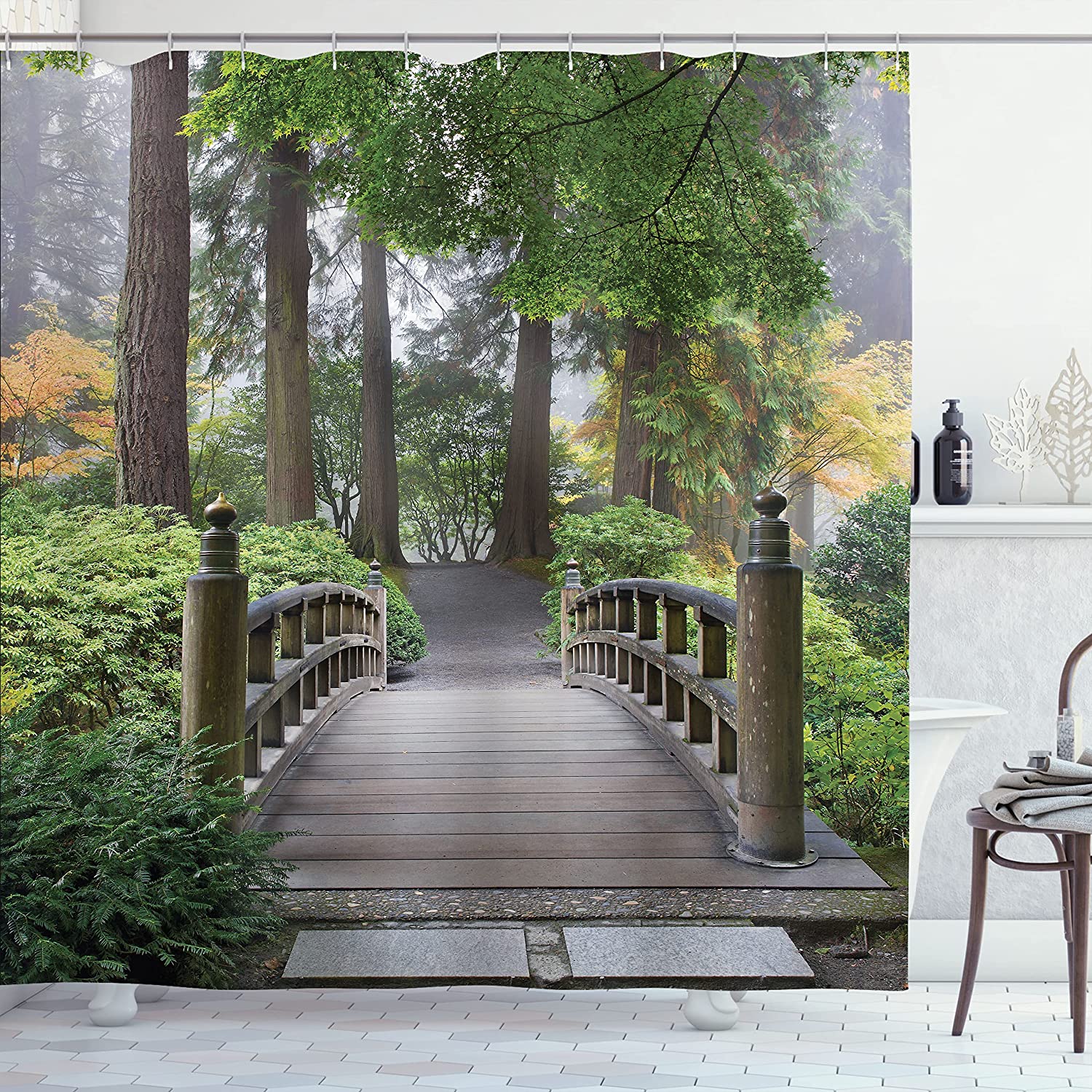 Japanese Garden Shower Curtain With Trees In Autumn Image Cloth Fabric Bathroom Decor