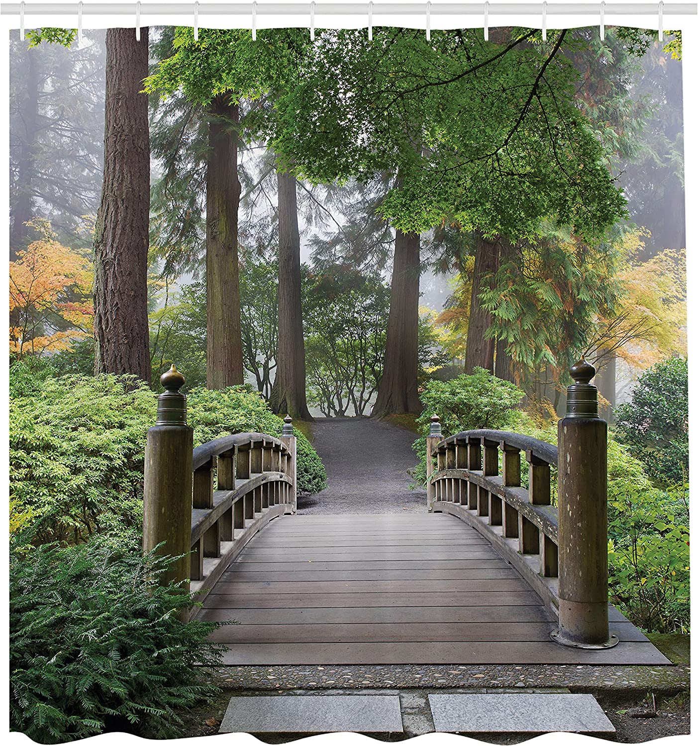 Japanese Garden Shower Curtain With Trees In Autumn Image Cloth Fabric Bathroom Decor - Image 2