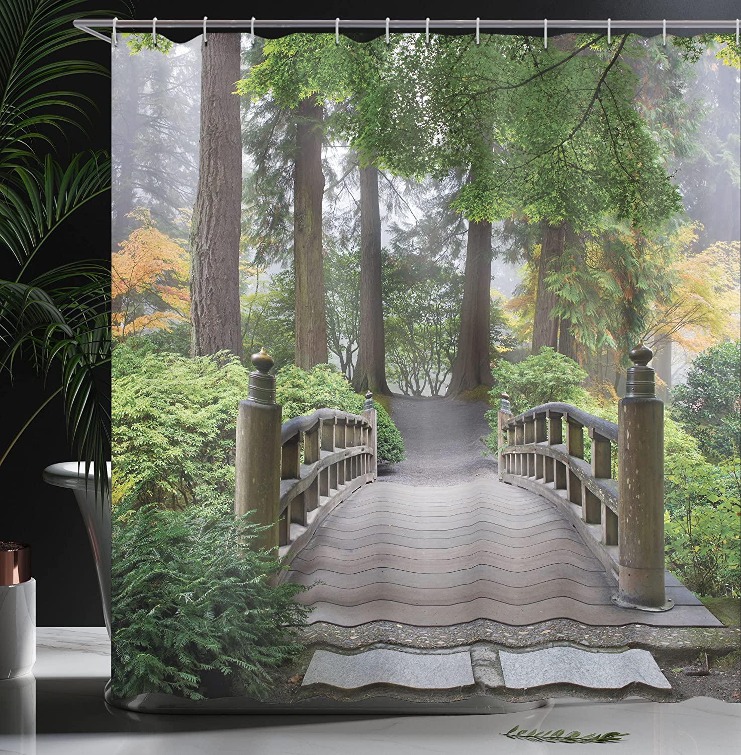 Japanese Garden Shower Curtain With Trees In Autumn Image Cloth Fabric Bathroom Decor - Image 3