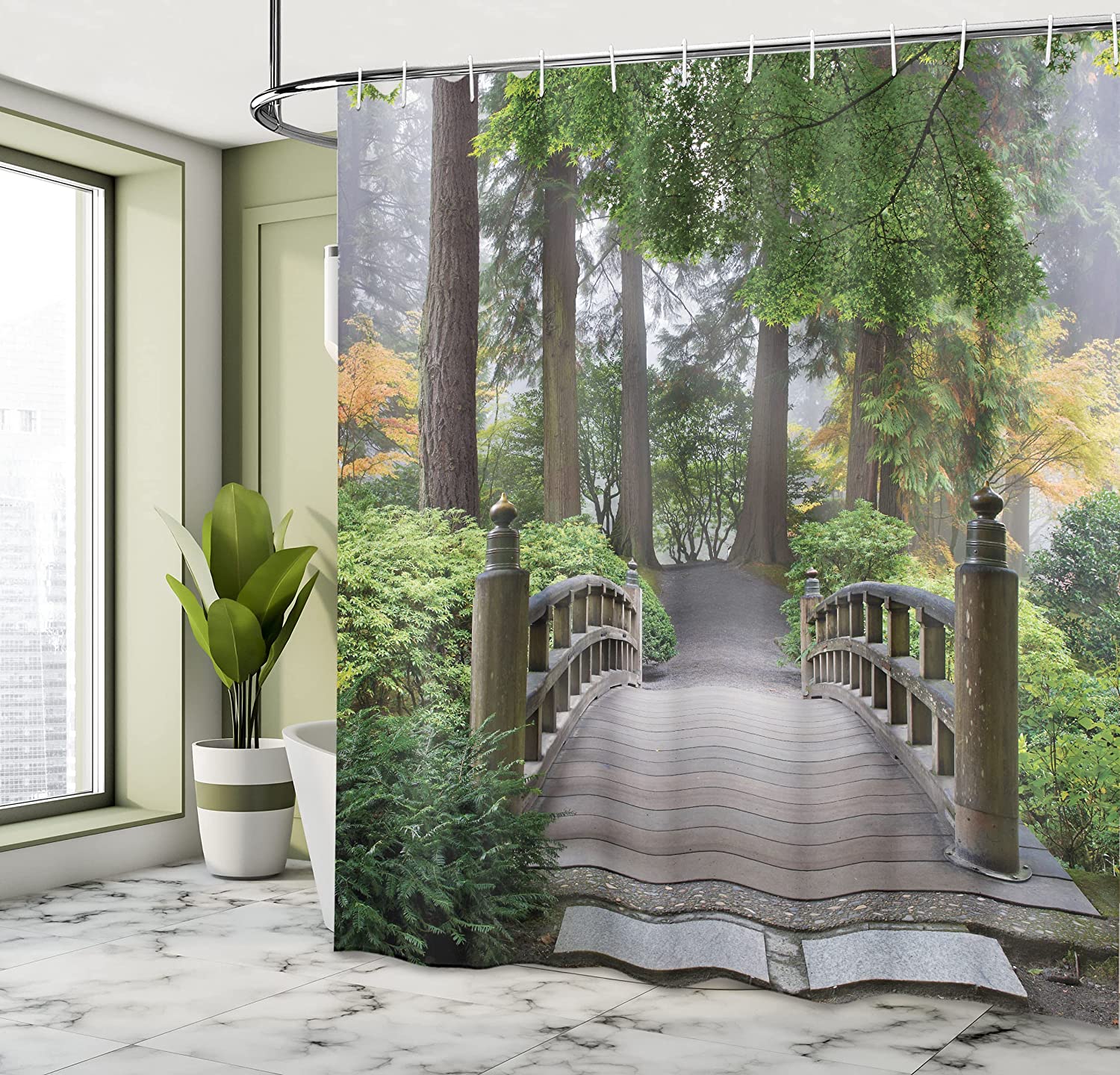 Japanese Garden Shower Curtain With Trees In Autumn Image Cloth Fabric Bathroom Decor - Image 4