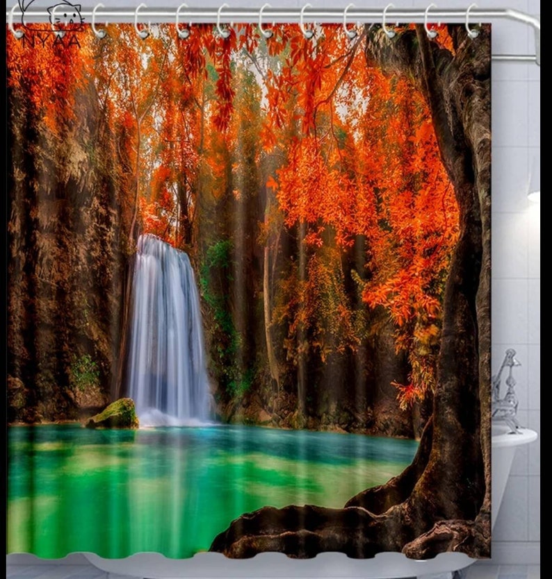 Japanese Garden Waterfall Pond Bridge Nature Shower Curtain Set for Bathroom Decor