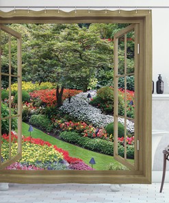 Japanese Garden with Flowers Plants Grass Rustic Windows Shower Curtain for Bathroom Decor