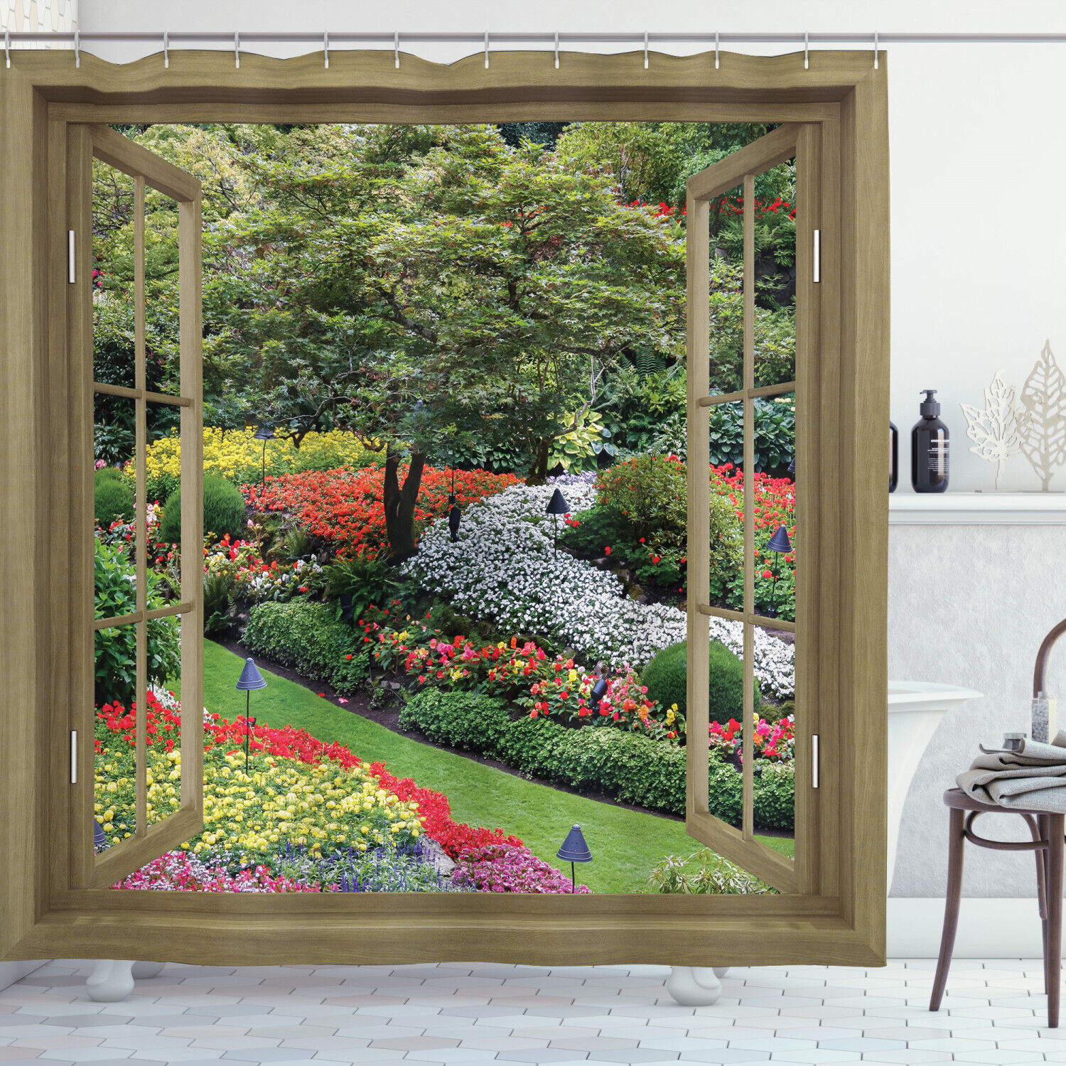 Japanese Garden with Flowers Plants Grass Rustic Windows Shower Curtain for Bathroom Decor