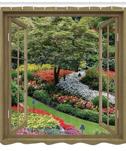 Japanese Garden with Flowers Plants Grass Rustic Windows Shower Curtain for Bathroom Decor