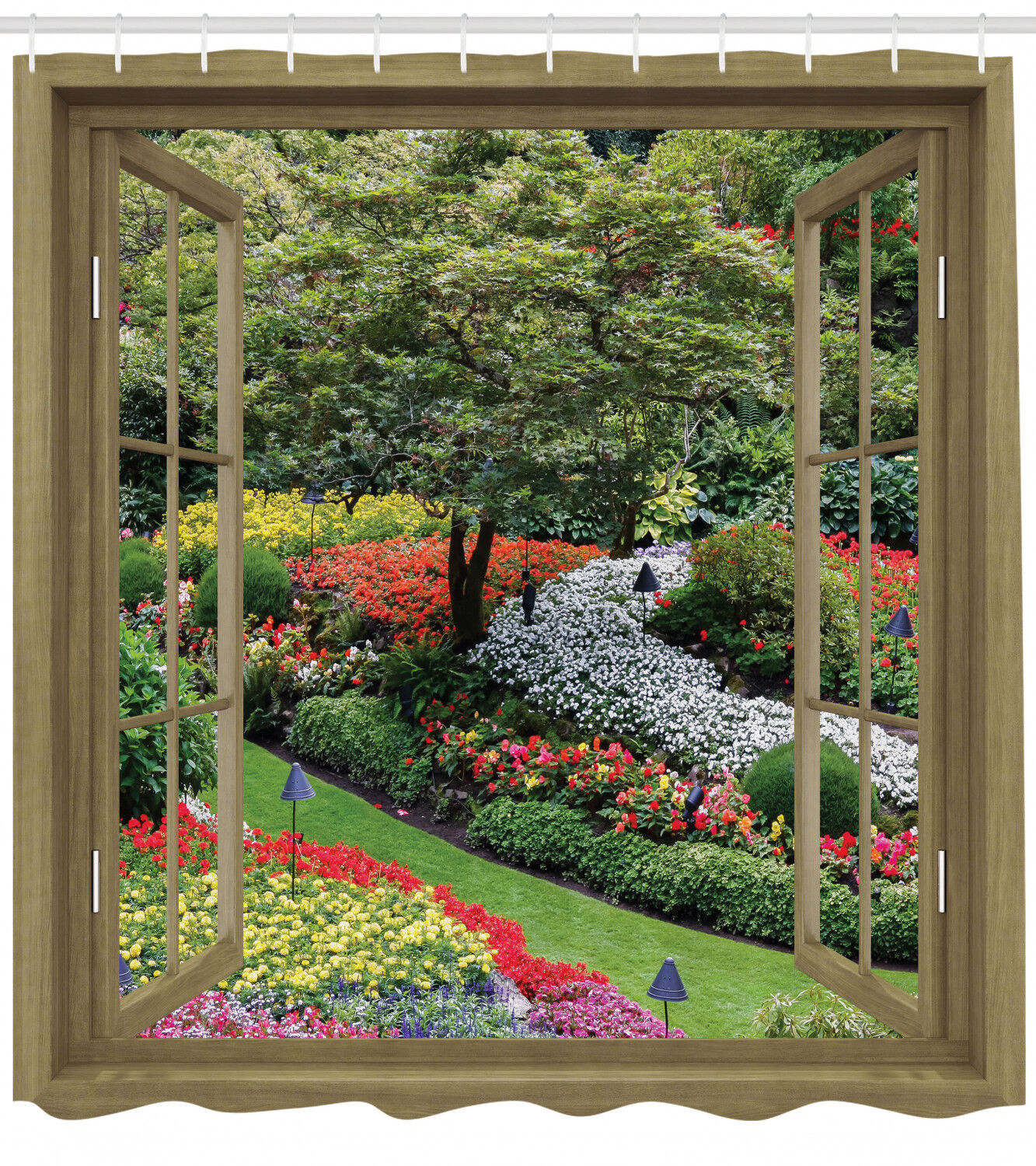 Japanese Garden with Flowers Plants Grass Rustic Windows Shower Curtain for Bathroom Decor