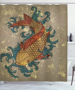 Japanese Grunge Water Koi Fish Shower Curtain | Oriental Aquatic Theme | Cloth Fabric Bathroom Decor (Taupe Teal)