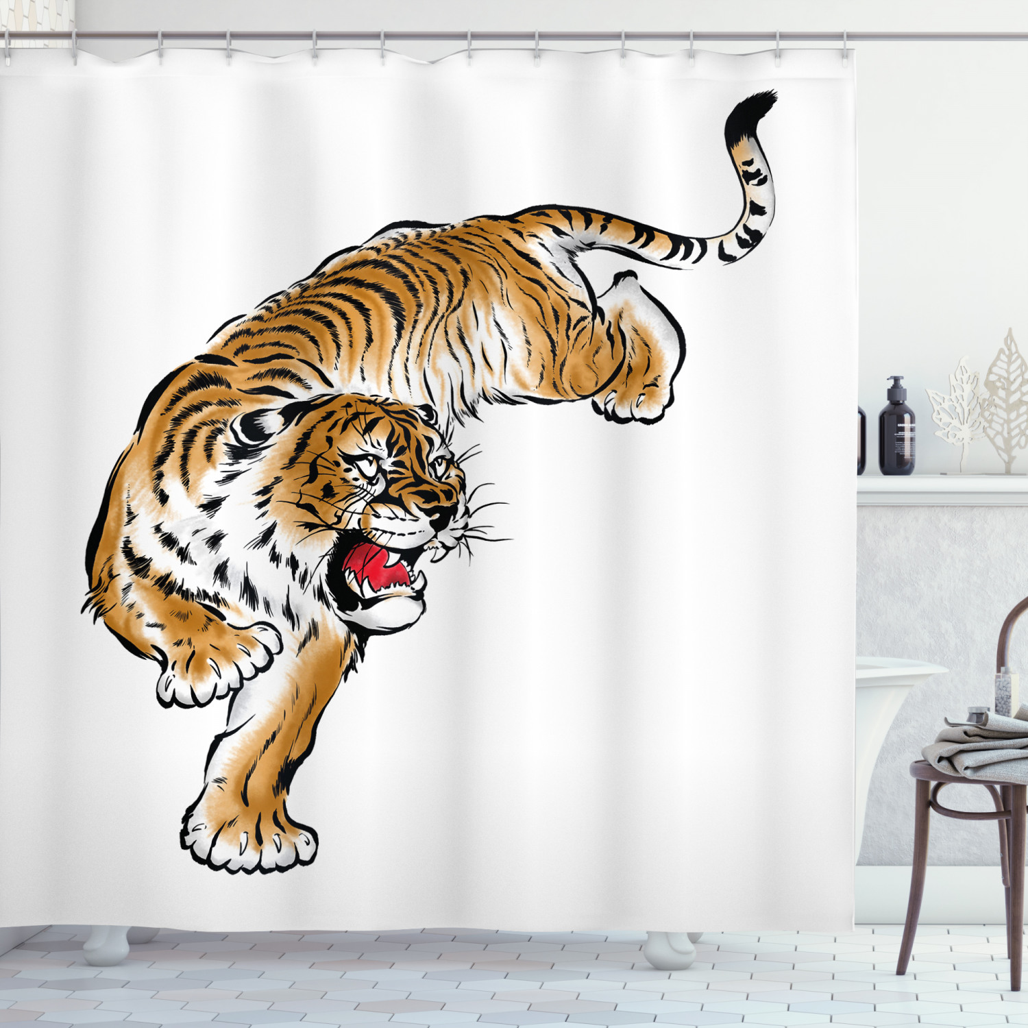 Japanese Hand Drawn Tiger Shower Curtain for Zen Bathroom Decor