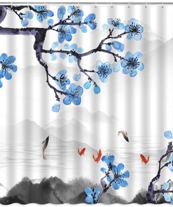 Japanese Ink Painting Shower Curtain, Cherry Blossom And Koi Fish Design