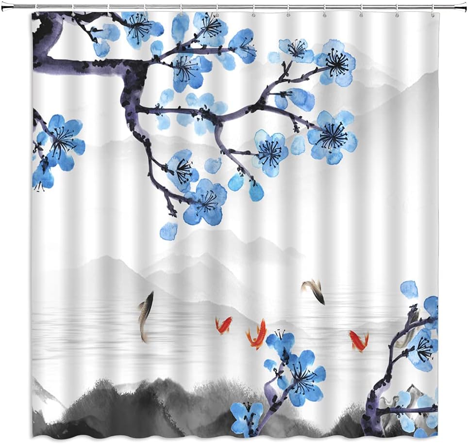Japanese Ink Painting Shower Curtain, Cherry Blossom And Koi Fish Design