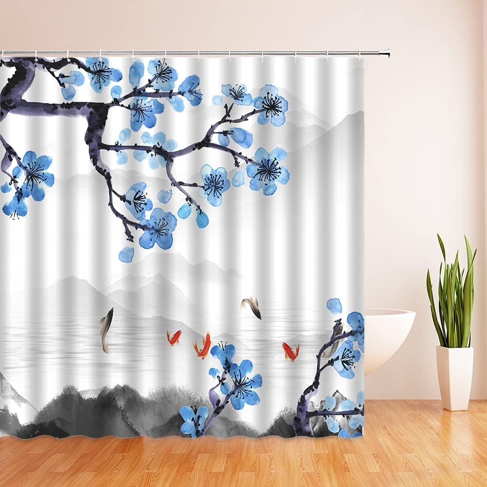 Japanese Ink Painting Shower Curtain, Cherry Blossom And Koi Fish Design - Image 2