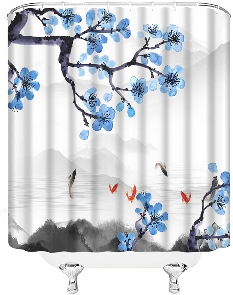 Japanese Ink Painting Shower Curtain, Cherry Blossom And Koi Fish Design - Image 3