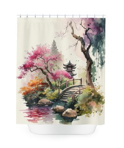 Japanese Inspired Garden Watercolor Shower Curtain - Housewarming Bathroom Decor