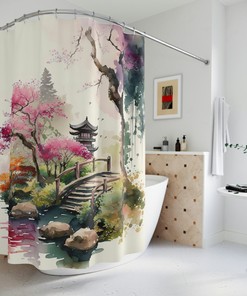 Japanese Inspired Garden Watercolor Shower Curtain - Housewarming Bathroom Decor
