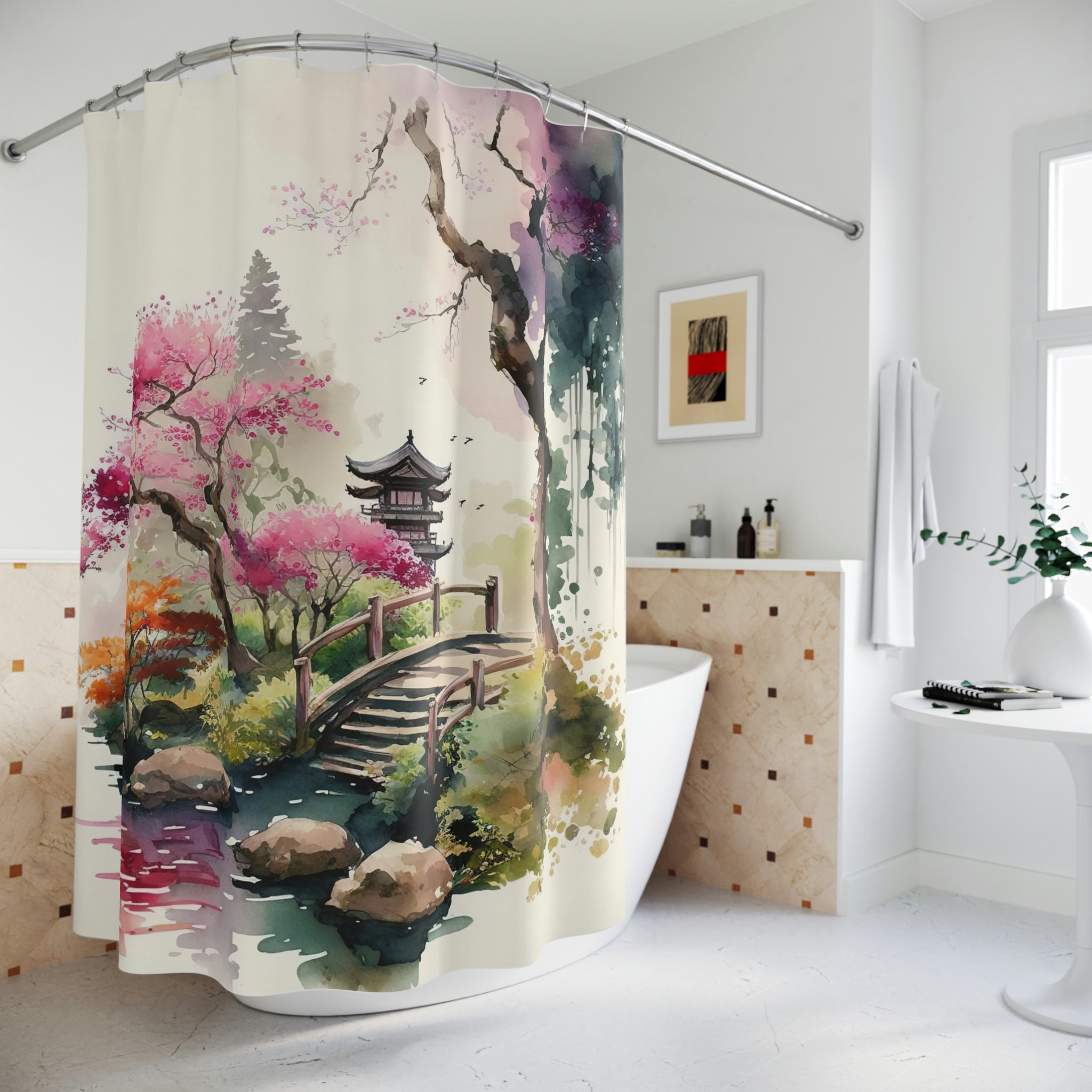 Japanese Inspired Garden Watercolor Shower Curtain - Housewarming Bathroom Decor