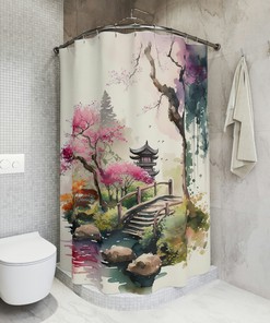 Japanese Inspired Garden Watercolor Shower Curtain - Housewarming Bathroom Decor