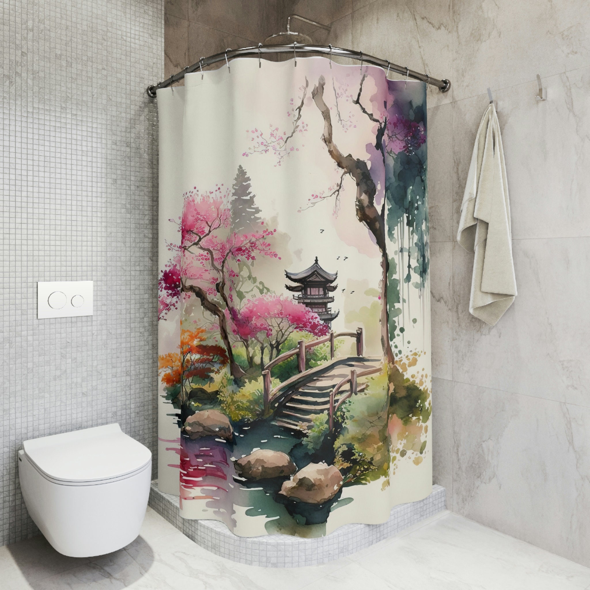 Japanese Inspired Garden Watercolor Shower Curtain - Housewarming Bathroom Decor