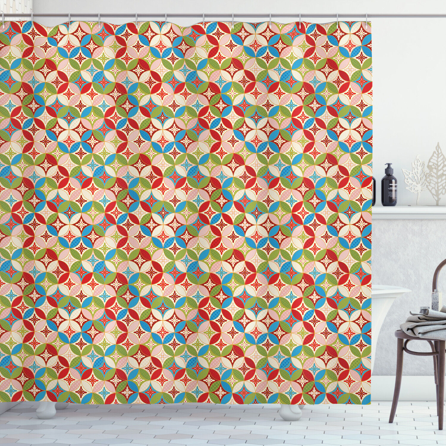 Japanese Interlocking Geometric Pattern Shower Curtain For Modern Bathroom Decor