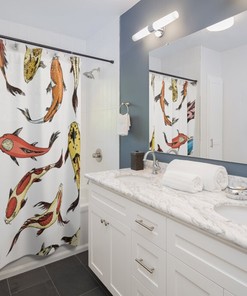 Japanese Koi Carps Swimming Shower Curtain for Retro Bathroom Decor