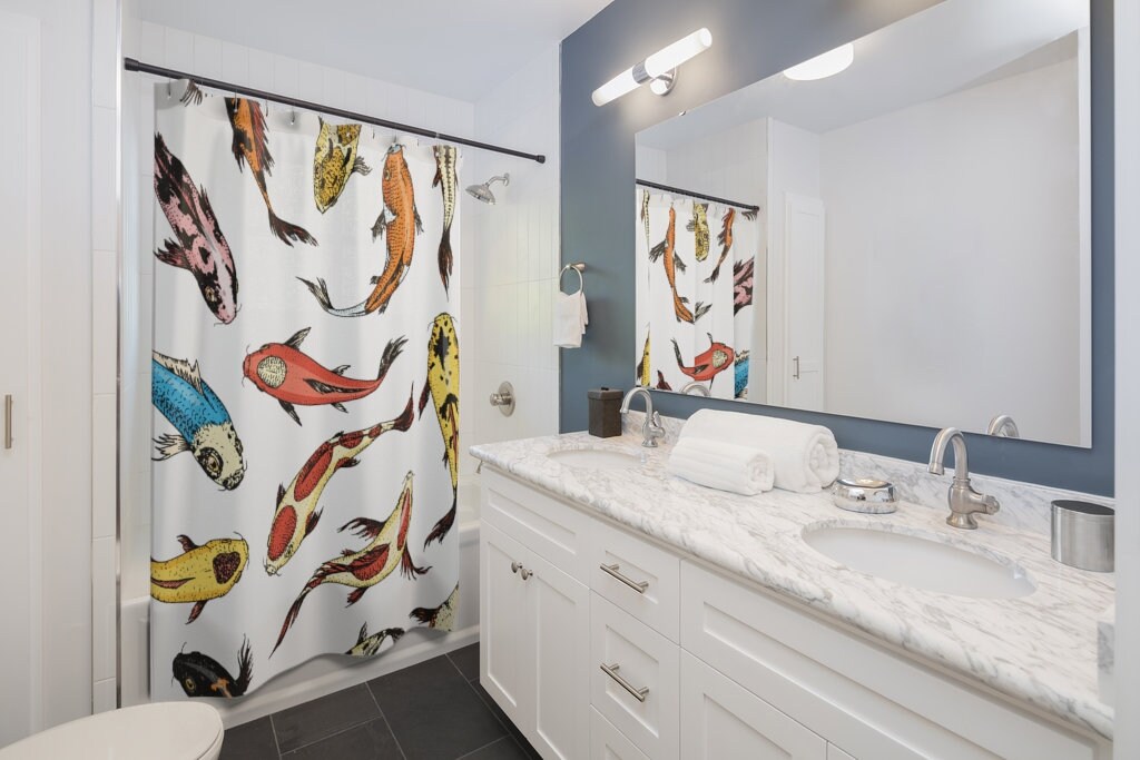 Japanese Koi Carps Swimming Shower Curtain for Retro Bathroom Decor
