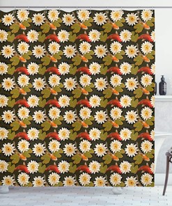 Japanese Koi Fish And Lotus Flowers Shower Curtain In Burnt Sienna Orange And Green