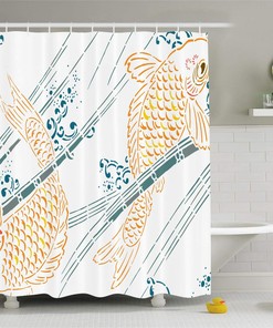 Japanese Koi Fish Ink Paint Pattern Shower Curtain, Cloth Fabric Bathroom Decor in Petrol Blue and Marigold