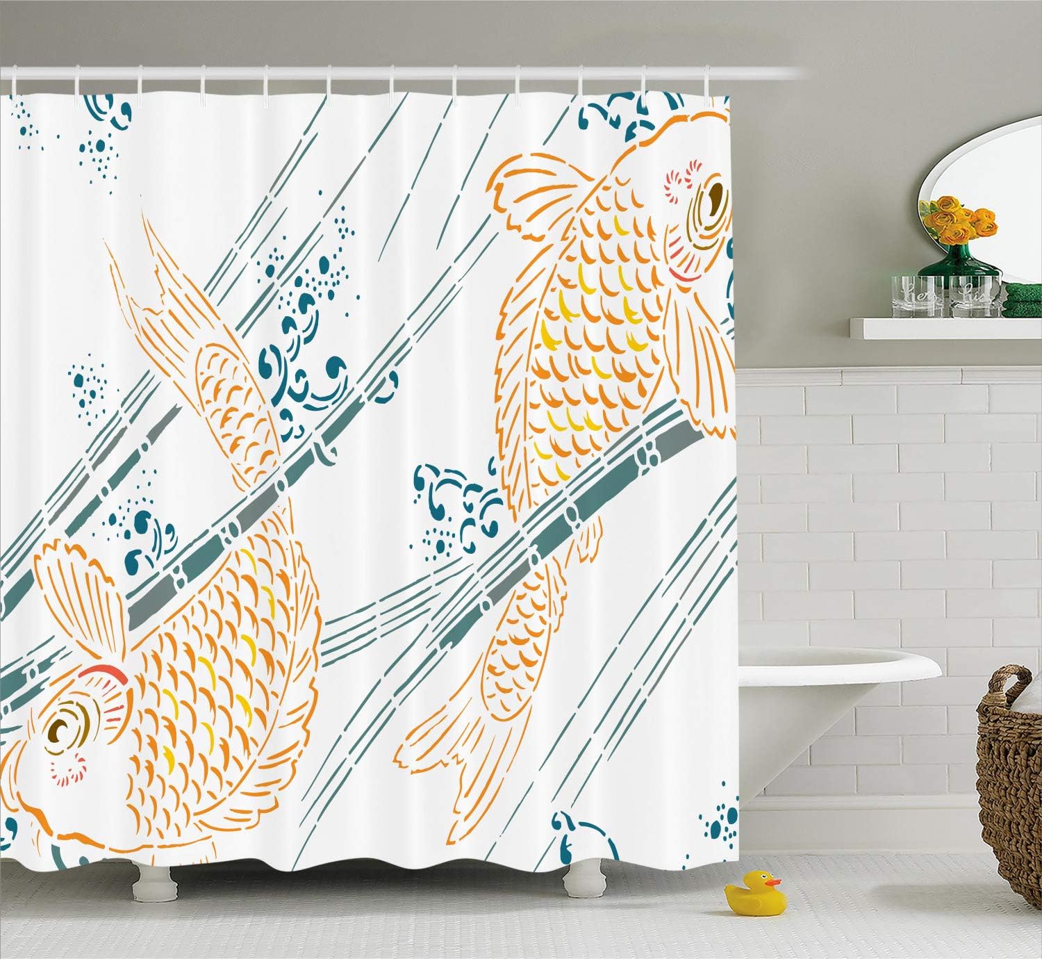 Japanese Koi Fish Ink Paint Pattern Shower Curtain, Cloth Fabric Bathroom Decor in Petrol Blue and Marigold