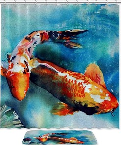 Japanese Koi Fish Painting Shower Curtain, Vintage Bathroom Decor
