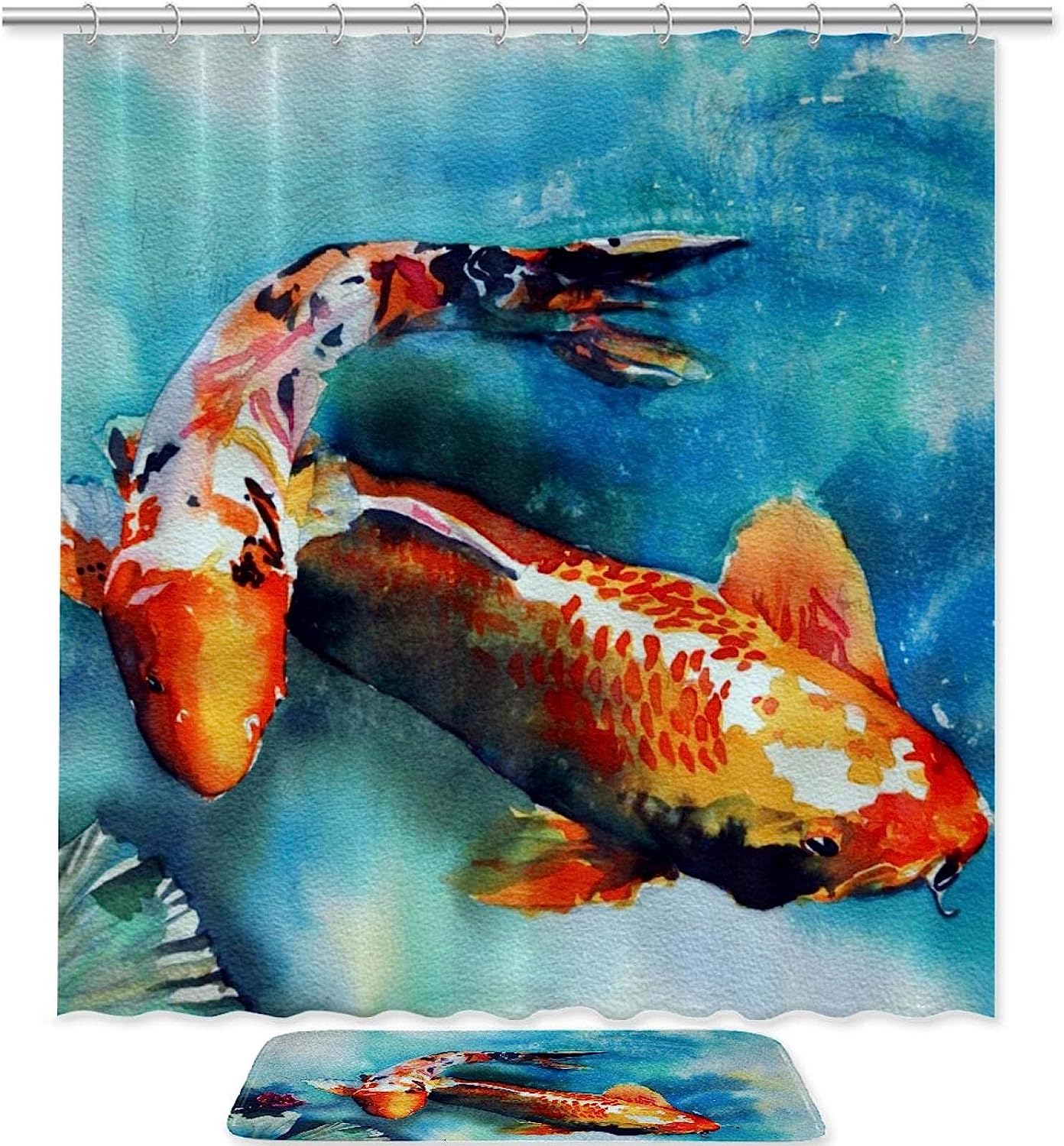 Japanese Koi Fish Painting Shower Curtain, Vintage Bathroom Decor
