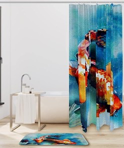 Japanese Koi Fish Painting Shower Curtain, Vintage Bathroom Decor