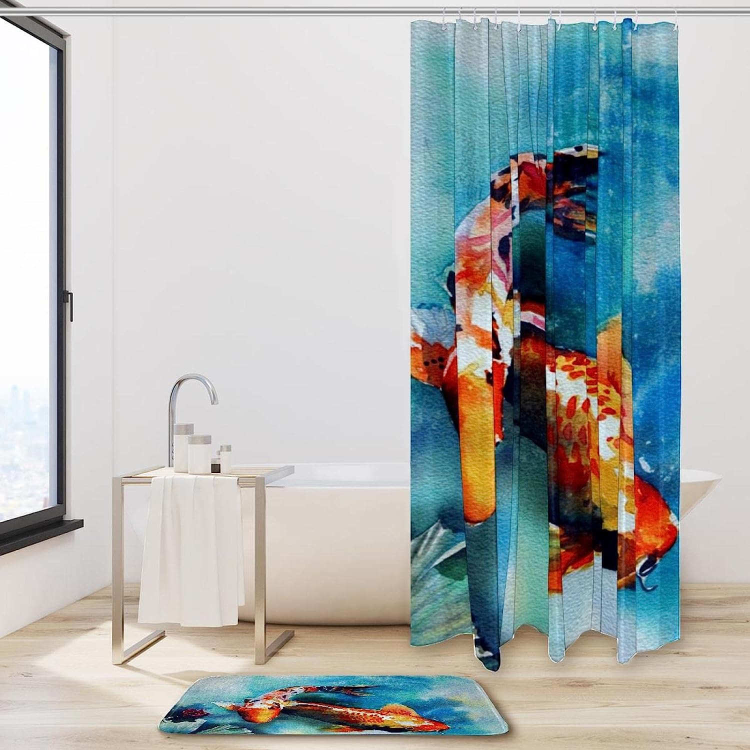 Japanese Koi Fish Painting Shower Curtain, Vintage Bathroom Decor